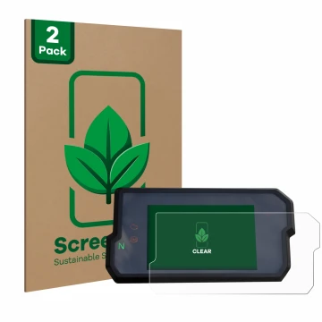 Parte frontal de un envase de producto con el logotipo de la marca ScreenLeaf. Al lado se muestra el dispositivo KTM 125 / 390