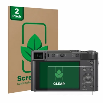 Parte frontal de un envase de producto con el logotipo de la marca ScreenLeaf. Al lado se muestra el dispositivo Panasonic Lum
