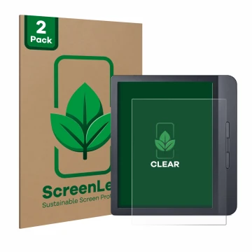 Parte frontal de un envase de producto con el logotipo de la marca ScreenLeaf. Al lado se muestra el dispositivo Kobo Libra H2