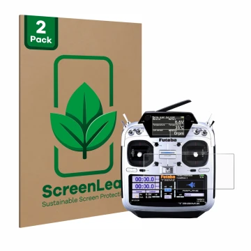 Parte frontal de un envase de producto con el logotipo de la marca ScreenLeaf. Al lado se muestra el dispositivo Robbe Futaba 