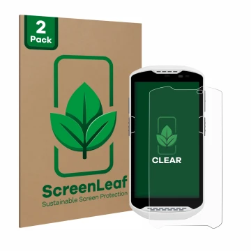 Parte frontal de un envase de producto con el logotipo de la marca ScreenLeaf. Al lado se muestra el dispositivo Zebra TC57 co