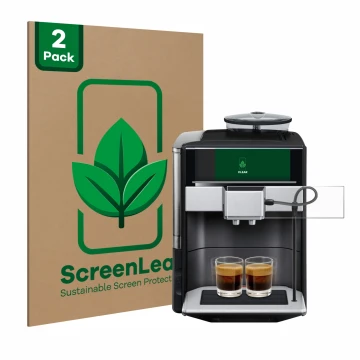 Parte frontal de un envase de producto con el logotipo de la marca ScreenLeaf. Al lado se muestra el dispositivo Siemens EQ.6 