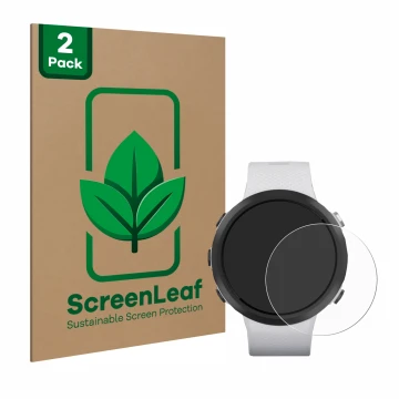 Parte frontal de un envase de producto con el logotipo de la marca ScreenLeaf. Al lado se muestra el dispositivo Garmin Swim 2