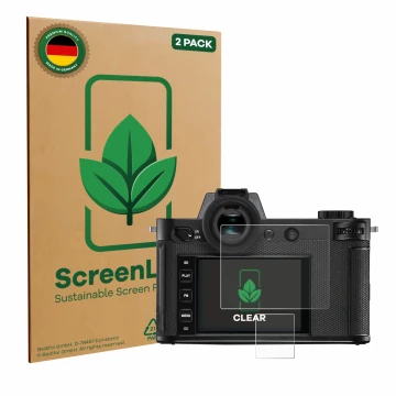 Parte frontal de un envase de producto con el logotipo de la marca ScreenLeaf. Al lado se muestra el dispositivo Leica SL2 con