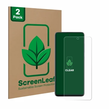 Parte frontal de un envase de producto con el logotipo de la marca ScreenLeaf. Al lado se muestra el dispositivo Samsung Galax