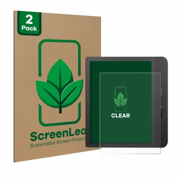 Parte frontal de un envase de producto con el logotipo de la marca ScreenLeaf. Al lado se muestra el dispositivo Tolino Vision