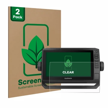 Parte frontal de un envase de producto con el logotipo de la marca ScreenLeaf. Al lado se muestra el dispositivo Garmin ECHOMA