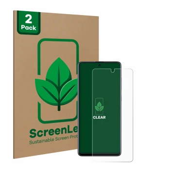 Parte frontal de un envase de producto con el logotipo de la marca ScreenLeaf. Al lado se muestra el dispositivo Samsung Galax