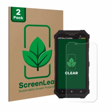 Parte frontal de un envase de producto con el logotipo de la marca ScreenLeaf. Al lado se muestra el dispositivo SkyCaddie SX5