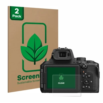 Parte frontal de un envase de producto con el logotipo de la marca ScreenLeaf. Al lado se muestra el dispositivo Nikon Coolpix