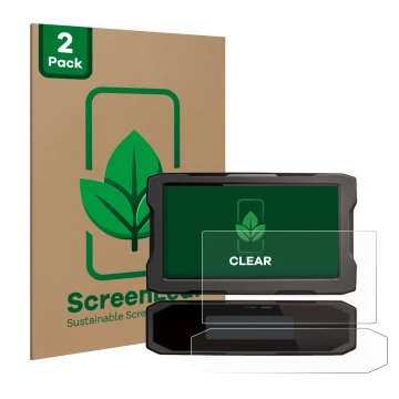 Parte frontal de un envase de producto con el logotipo de la marca ScreenLeaf. Al lado se muestra el dispositivo Honda CRF1100