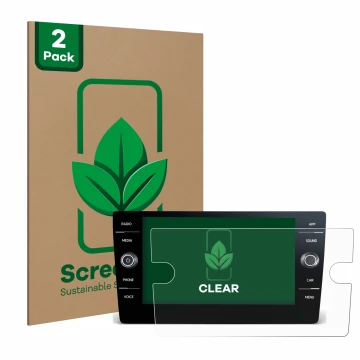 Parte frontal de un envase de producto con el logotipo de la marca ScreenLeaf. Al lado se muestra el dispositivo Volkswagen To