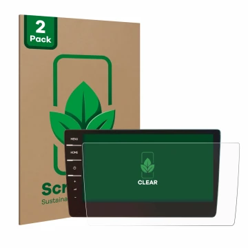 Parte frontal de un envase de producto con el logotipo de la marca ScreenLeaf. Al lado se muestra el dispositivo Volkswagen To