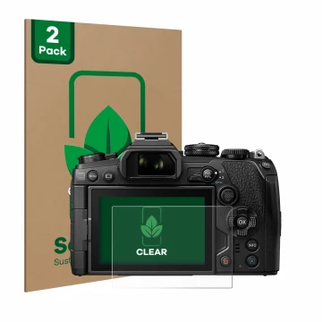 Parte frontal de un envase de producto con el logotipo de la marca ScreenLeaf. Al lado se muestra el dispositivo Olympus OM-D 