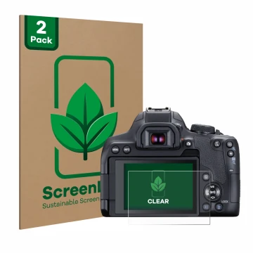 Parte frontal de un envase de producto con el logotipo de la marca ScreenLeaf. Al lado se muestra el dispositivo Canon EOS 850