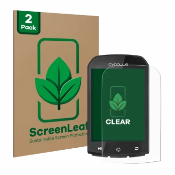 Parte frontal de un envase de producto con el logotipo de la marca ScreenLeaf. Al lado se muestra el dispositivo Cycplus M1 2.