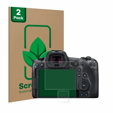 Parte frontal de un envase de producto con el logotipo de la marca ScreenLeaf. Al lado se muestra el dispositivo Canon EOS R5 