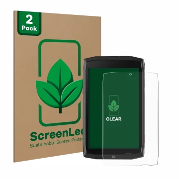 Parte frontal de un envase de producto con el logotipo de la marca ScreenLeaf. Al lado se muestra el dispositivo Crosscall Cor