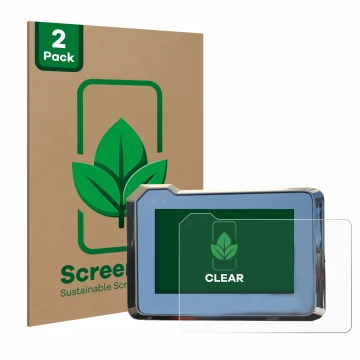 Parte frontal de un envase de producto con el logotipo de la marca ScreenLeaf. Al lado se muestra el dispositivo KTM 1290 Supe