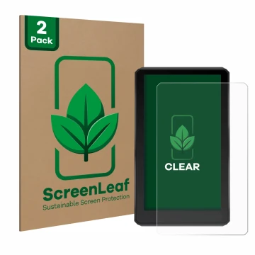 Parte frontal de un envase de producto con el logotipo de la marca ScreenLeaf. Al lado se muestra el dispositivo Garmin zumo X