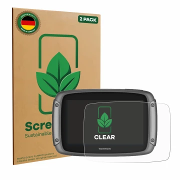 Parte frontal de un envase de producto con el logotipo de la marca ScreenLeaf. Al lado se muestra el dispositivo TomTom Rider 