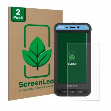 Parte frontal de un envase de producto con el logotipo de la marca ScreenLeaf. Al lado se muestra el dispositivo Ecom Smart-Ex