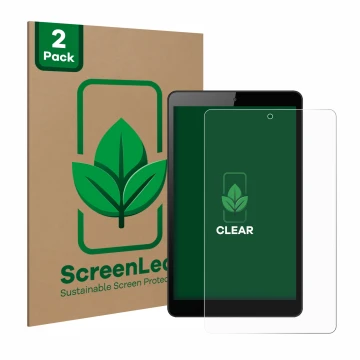 Parte frontal de un envase de producto con el logotipo de la marca ScreenLeaf. Al lado se muestra el dispositivo Huawei MediaP