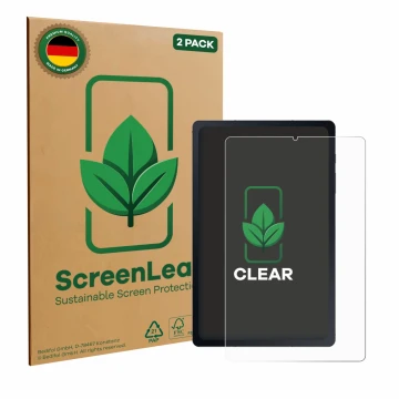 Parte frontal de un envase de producto con el logotipo de la marca ScreenLeaf. Al lado se muestra el dispositivo Samsung Galax