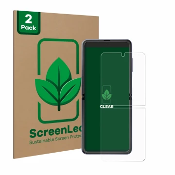 Parte frontal de un envase de producto con el logotipo de la marca ScreenLeaf. Al lado se muestra el dispositivo Samsung Galax