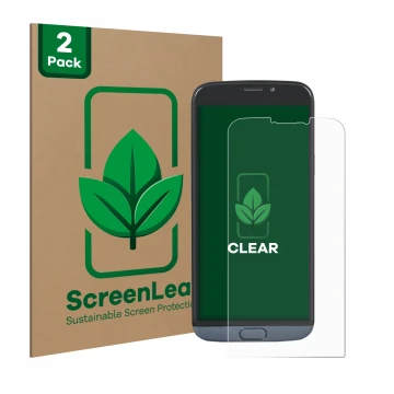 Parte frontal de un envase de producto con el logotipo de la marca ScreenLeaf. Al lado se muestra el dispositivo Doro 8050 con