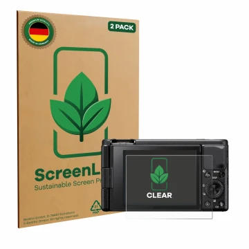 Parte frontal de un envase de producto con el logotipo de la marca ScreenLeaf. Al lado se muestra el dispositivo Sony ZV-1 con
