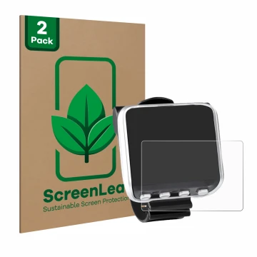 Parte frontal de un envase de producto con el logotipo de la marca ScreenLeaf. Al lado se muestra el dispositivo Mares Genius 