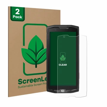 Parte frontal de un envase de producto con el logotipo de la marca ScreenLeaf. Al lado se muestra el dispositivo Crosscall Cor