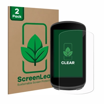 Parte frontal de un envase de producto con el logotipo de la marca ScreenLeaf. Al lado se muestra el dispositivo Garmin Edge 1
