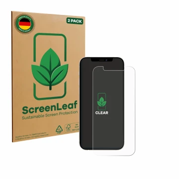 Parte frontal de un envase de producto con el logotipo de la marca ScreenLeaf. Al lado se muestra el dispositivo Apple iPhone 