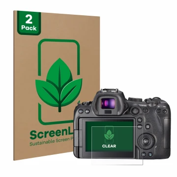 Parte frontal de un envase de producto con el logotipo de la marca ScreenLeaf. Al lado se muestra el dispositivo Canon EOS R6 
