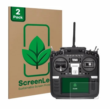 Parte frontal de un envase de producto con el logotipo de la marca ScreenLeaf. Al lado se muestra el dispositivo Radiomaster T