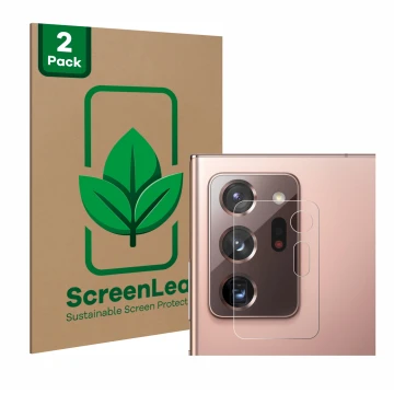 Parte frontal de un envase de producto con el logotipo de la marca ScreenLeaf. Al lado se muestra el dispositivo Samsung Galax