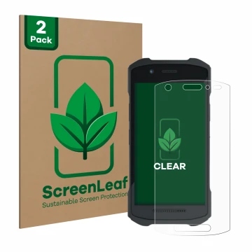 Parte frontal de un envase de producto con el logotipo de la marca ScreenLeaf. Al lado se muestra el dispositivo Zebra TC21 co