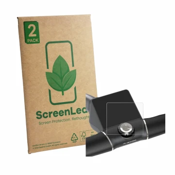 Parte frontal de un envase de producto con el logotipo de la marca ScreenLeaf. Al lado se muestra el dispositivo Motocaddy M5 