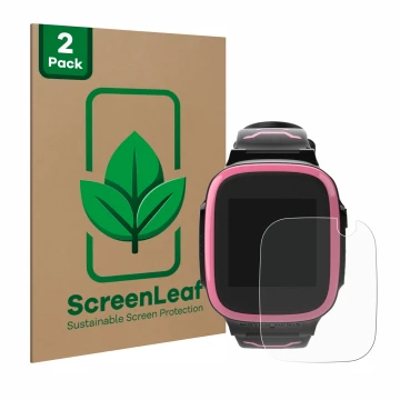 Parte frontal de un envase de producto con el logotipo de la marca ScreenLeaf. Al lado se muestra el dispositivo Xplora X5 Pla