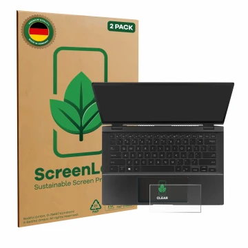 Parte frontal de un envase de producto con el logotipo de la marca ScreenLeaf. Al lado se muestra el dispositivo ASUS ZenBook 
