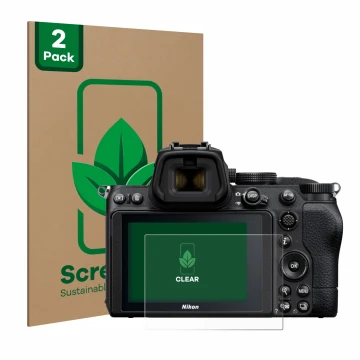 Parte frontal de un envase de producto con el logotipo de la marca ScreenLeaf. Al lado se muestra el dispositivo Nikon Z 5 con