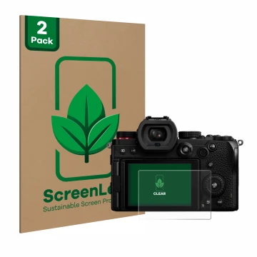 Parte frontal de un envase de producto con el logotipo de la marca ScreenLeaf. Al lado se muestra el dispositivo Panasonic Lum