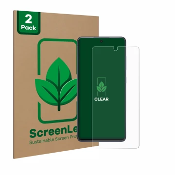 Parte frontal de un envase de producto con el logotipo de la marca ScreenLeaf. Al lado se muestra el dispositivo Samsung Galax