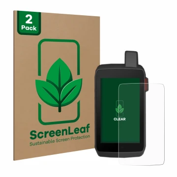 Parte frontal de un envase de producto con el logotipo de la marca ScreenLeaf. Al lado se muestra el dispositivo Garmin Montan
