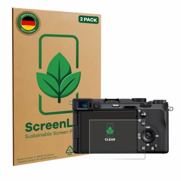 Parte frontal de un envase de producto con el logotipo de la marca ScreenLeaf. Al lado se muestra el dispositivo Sony A7C con 