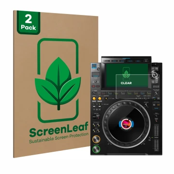 Parte frontal de un envase de producto con el logotipo de la marca ScreenLeaf. Al lado se muestra el dispositivo Pioneer CDJ 3