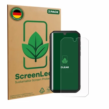 Parte frontal de un envase de producto con el logotipo de la marca ScreenLeaf. Al lado se muestra el dispositivo Blackview BV9