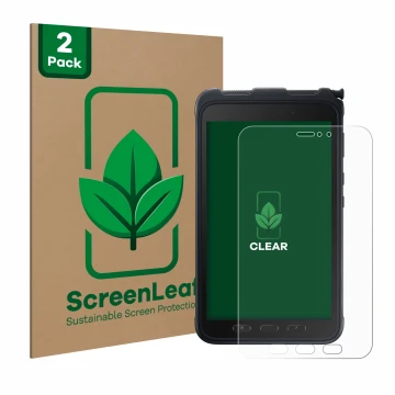 Parte frontal de un envase de producto con el logotipo de la marca ScreenLeaf. Al lado se muestra el dispositivo Samsung Galax